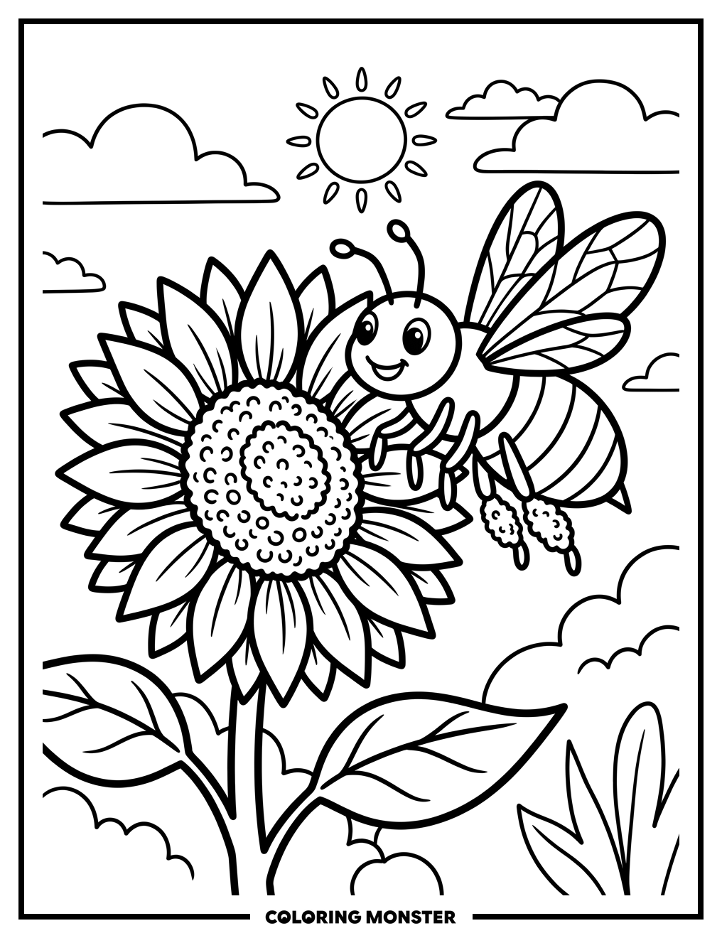 Friendly Bee and Sunflower Coloring Page