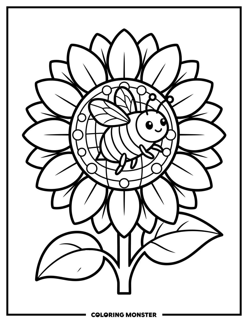Friendly Bee on Sunflower Coloring Page