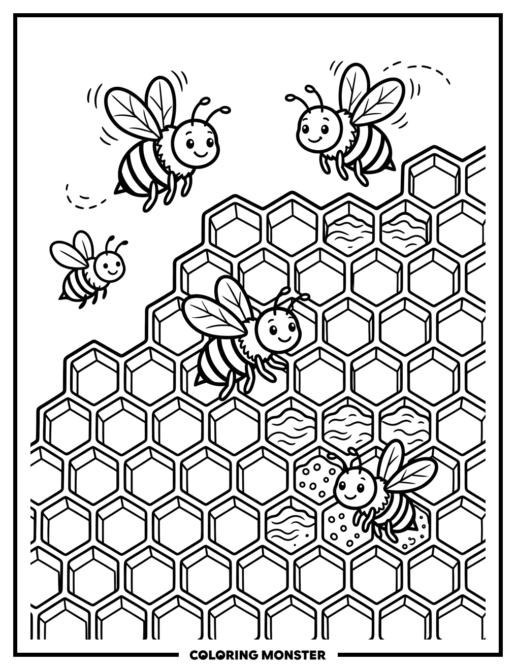 Friendly Bees and Honeycomb Coloring Page