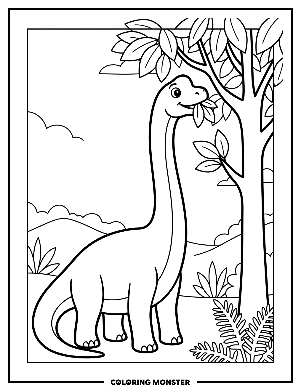 Friendly Brachiosaurus Eating Leaves Coloring Page