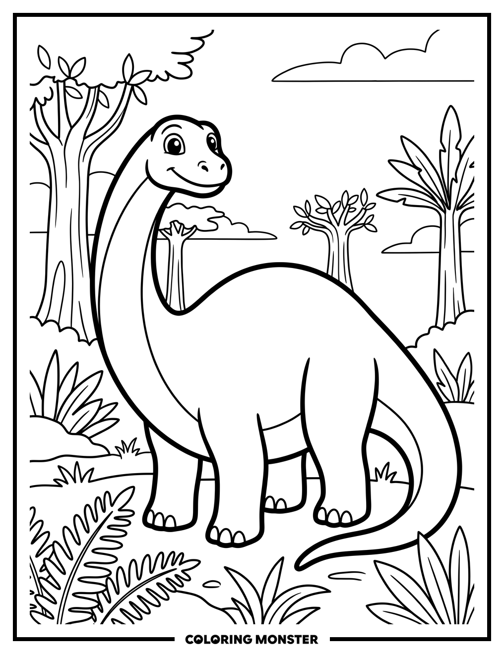 Friendly Brontosaurus Among Ancient Trees Coloring Page