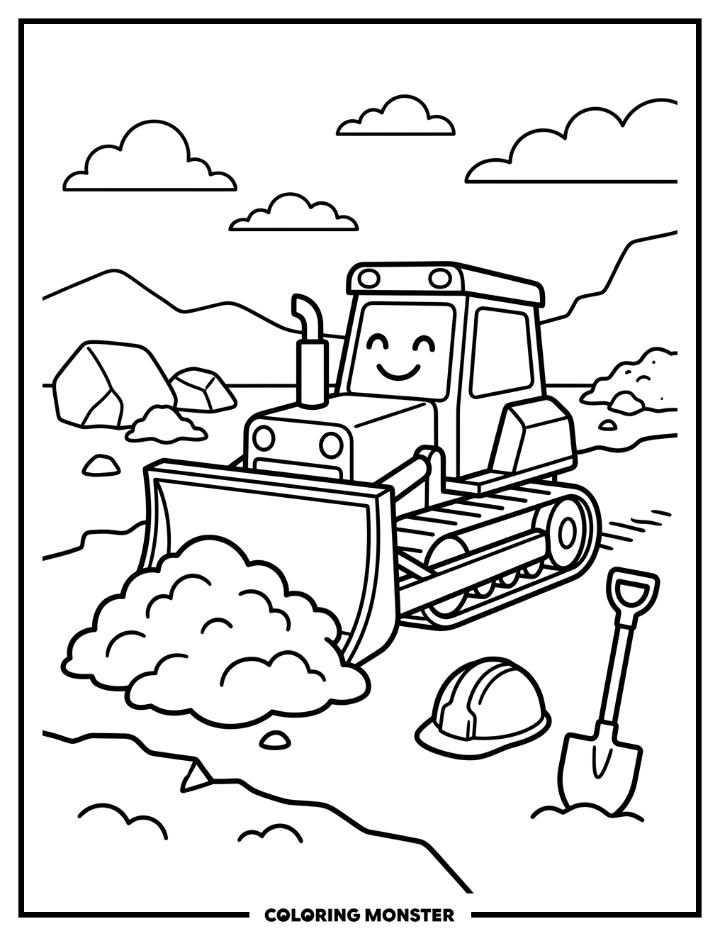 Friendly Bulldozer at Construction Site Coloring Page