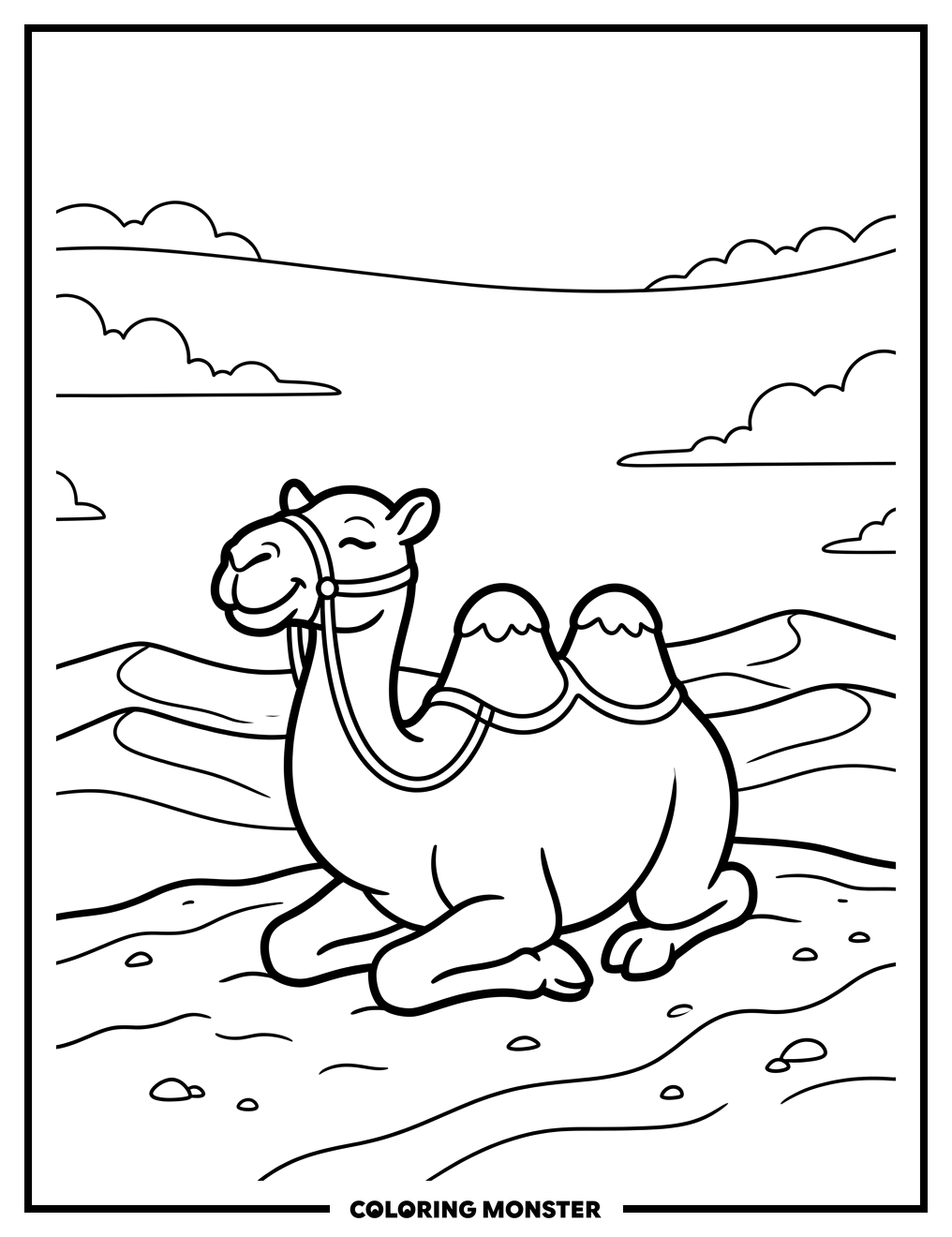 Friendly Camel Resting in Desert Coloring Page
