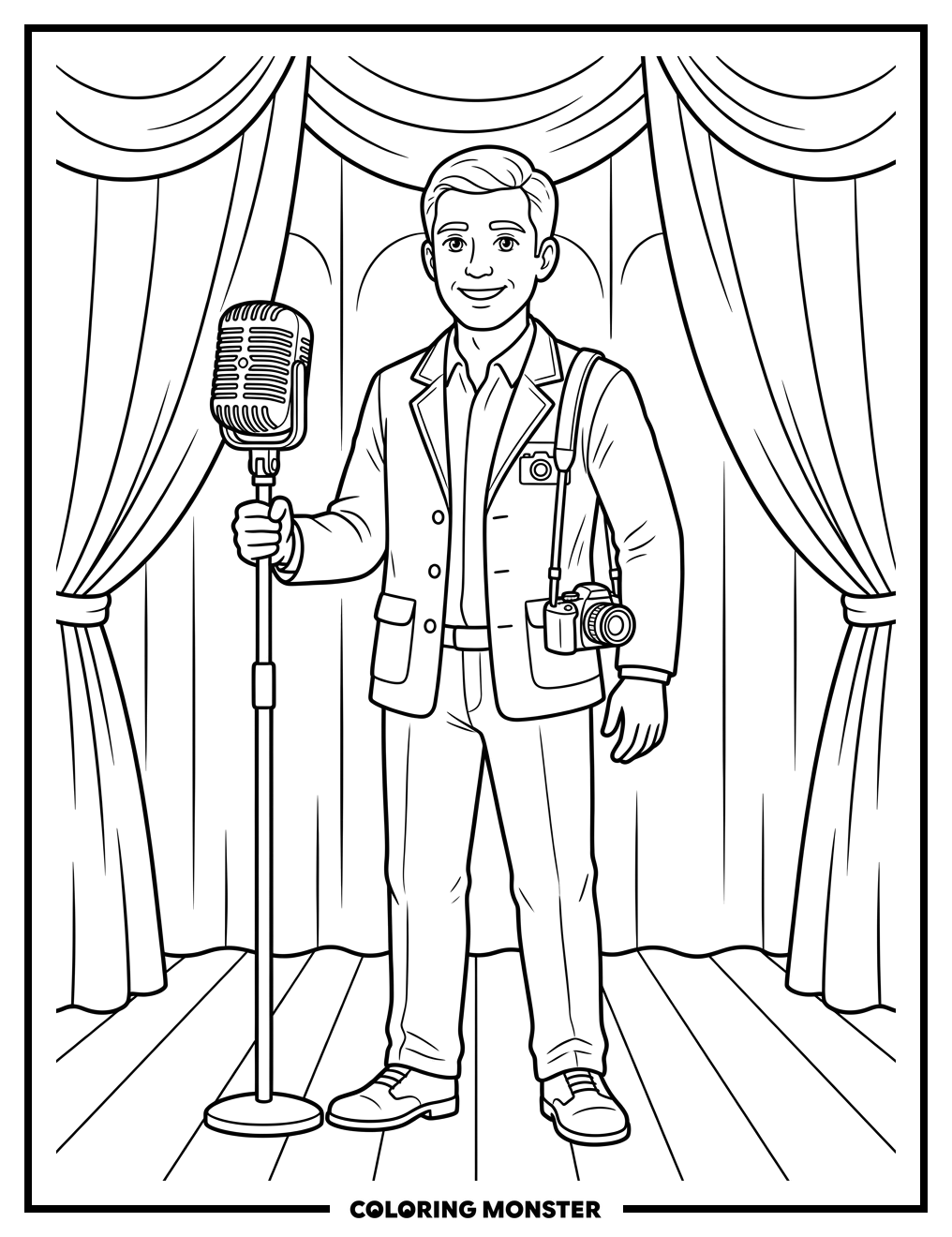 Friendly Cameraman with Vintage Microphone Coloring Page
