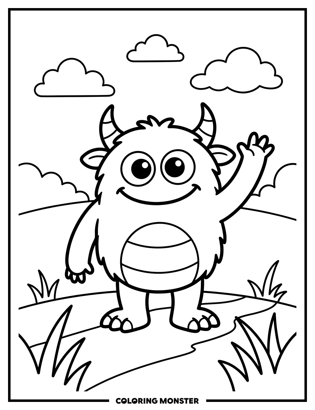 Friendly Cartoon Monster Waving Coloring Page