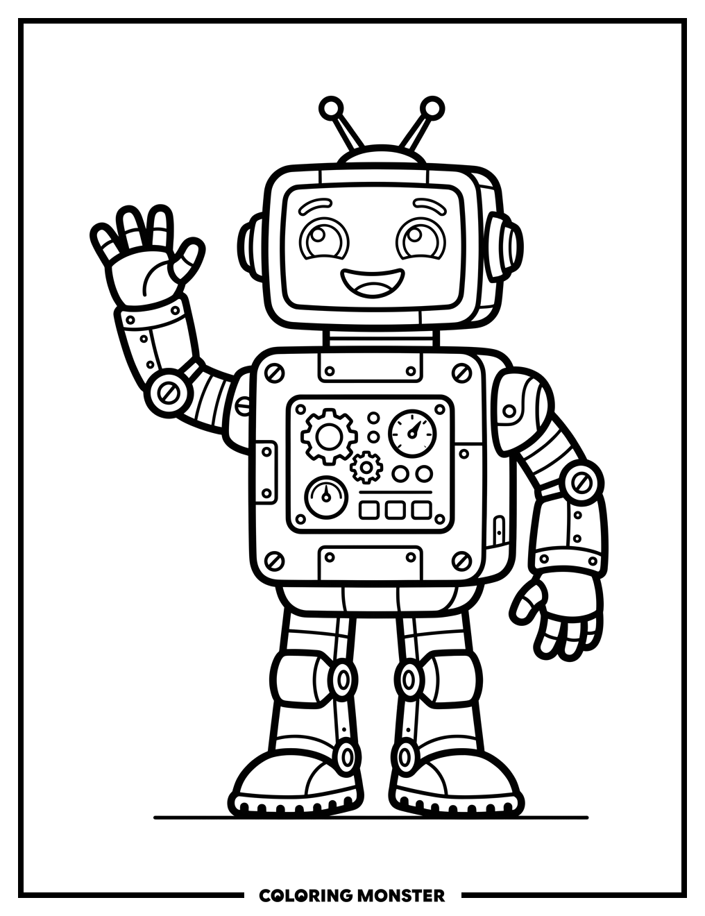 Friendly Cartoon Robot Waving Hello Coloring Page