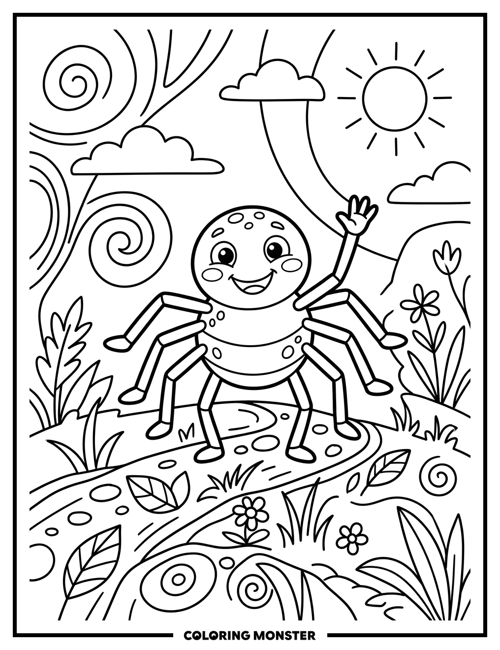 Friendly Cartoon Spider Waving Hello Coloring Page