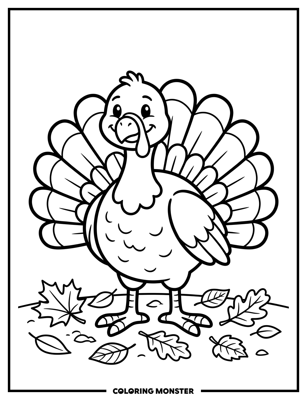 Friendly Cartoon Turkey With Autumn Leaves Coloring Page