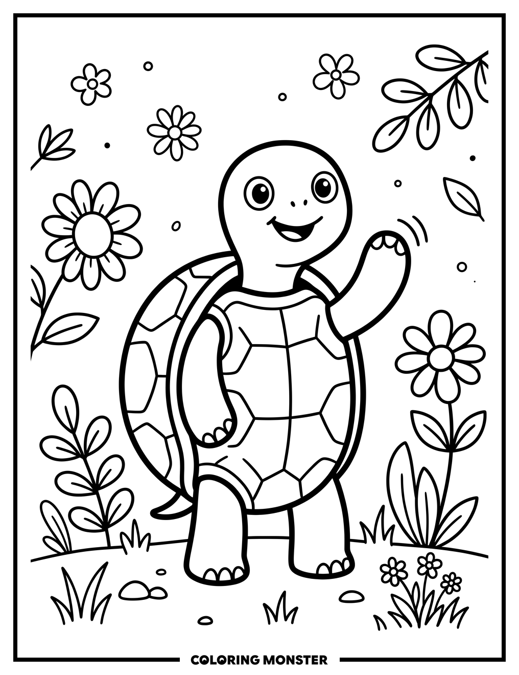 Friendly Cartoon Turtle Waving Coloring Page