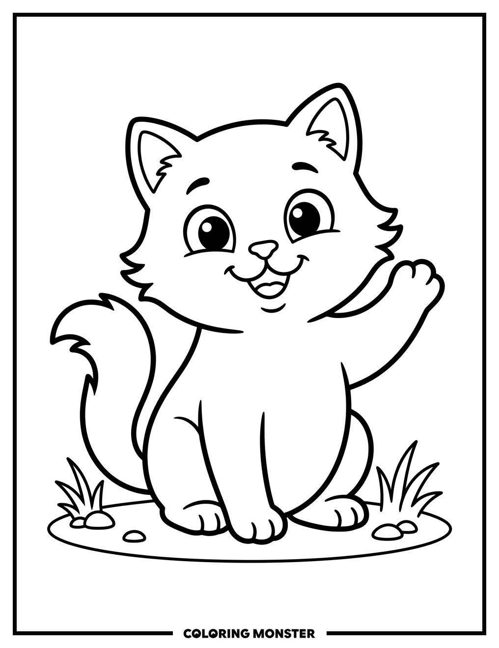 Friendly Cat Waving Paw Coloring Page