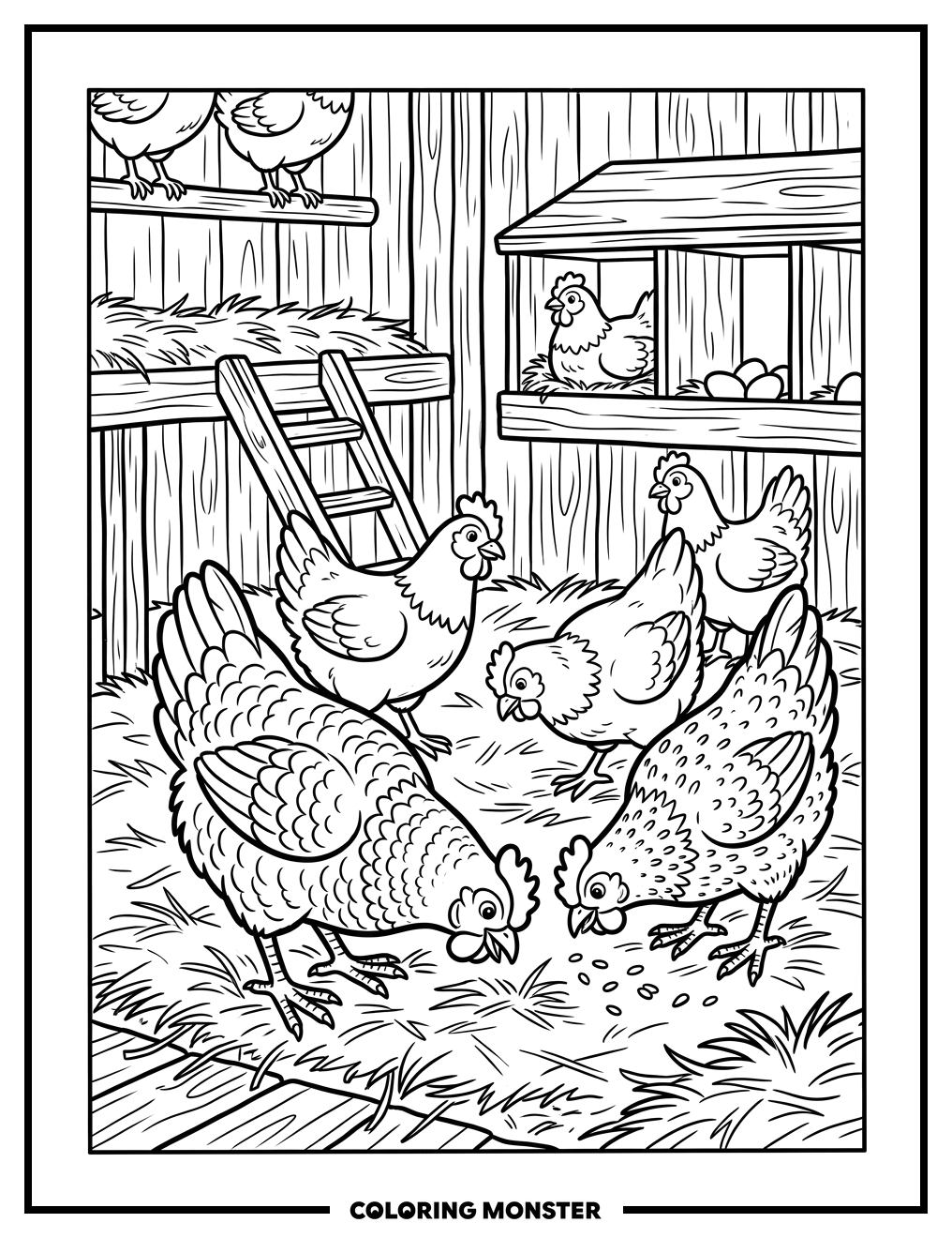 Friendly Chickens in a Rustic Coop Coloring Page
