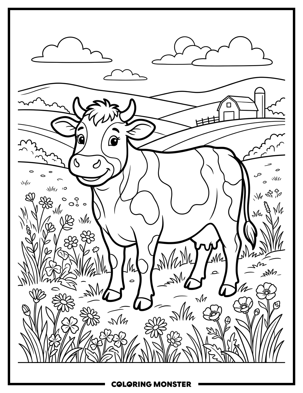 Friendly Cow in a Wildflower Field Coloring Page