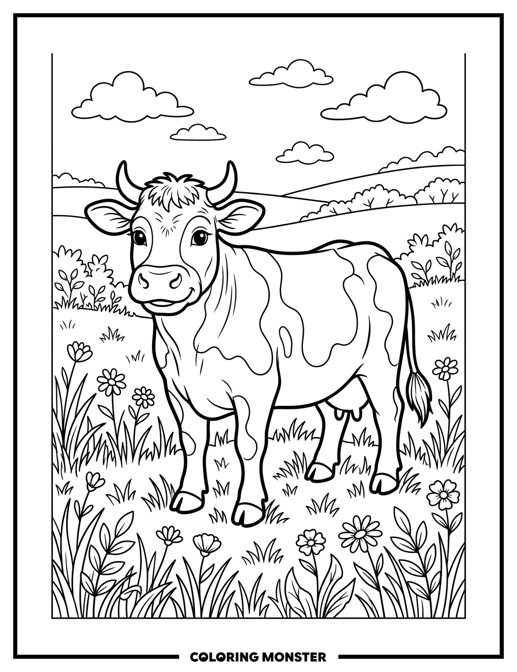 Friendly Cow in Grassy Field Coloring Page
