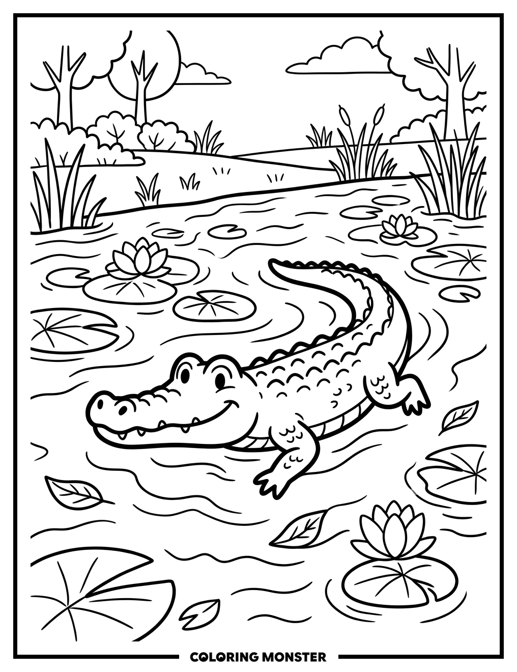 Friendly Crocodile In Calm River Coloring Page