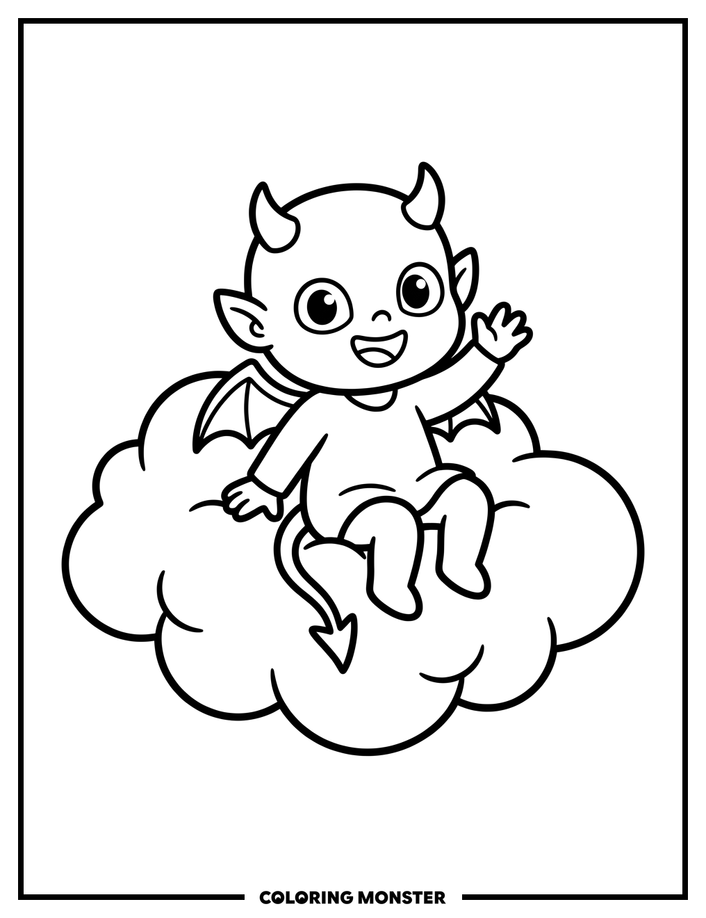 Friendly Demon on a Cloud Coloring Page