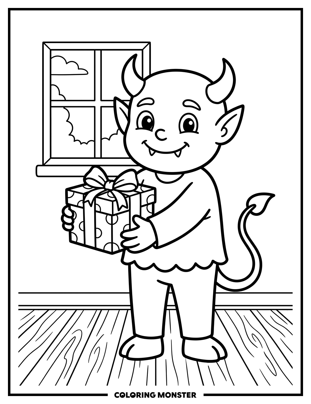 Friendly Demon With Present Coloring Page