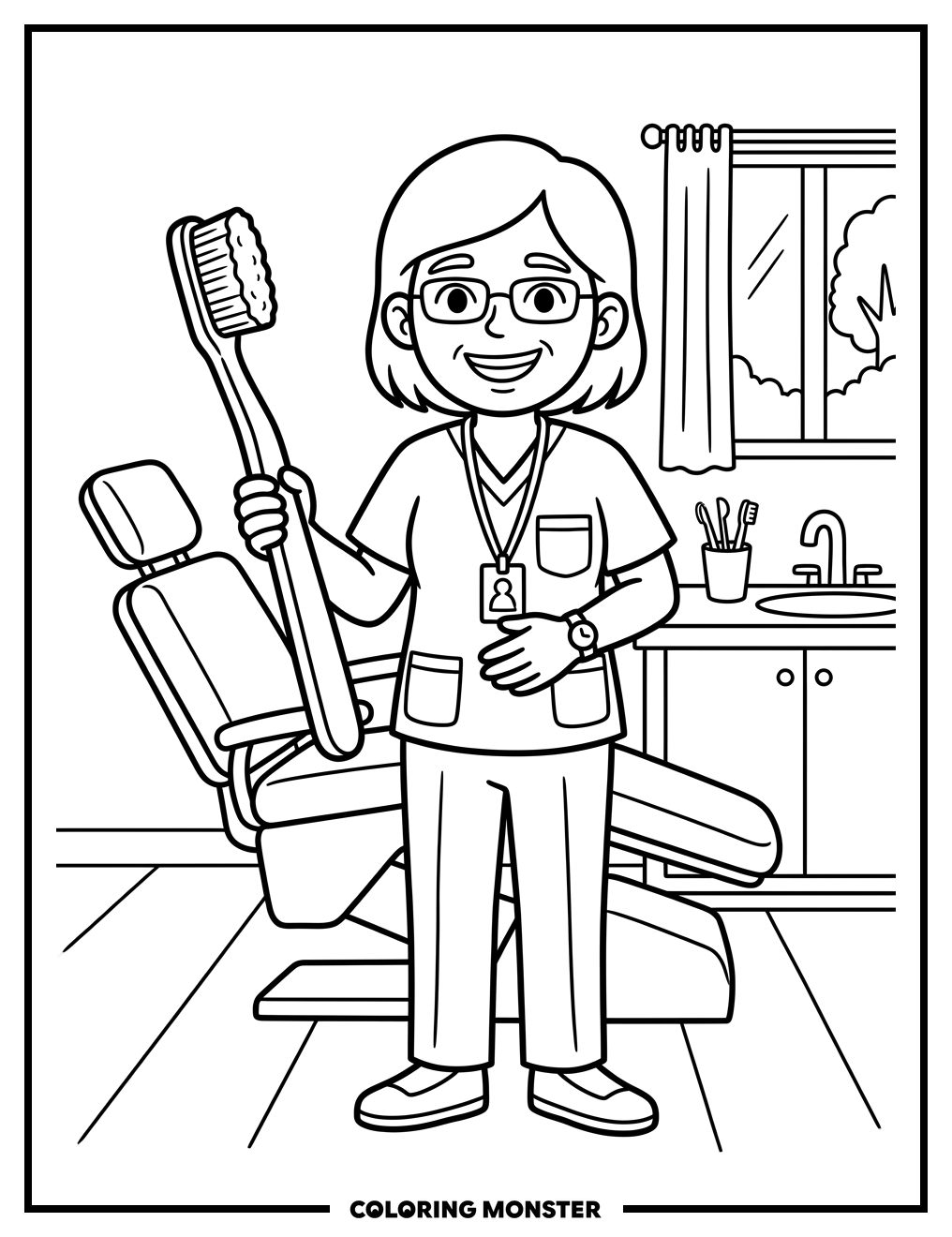 Friendly Dentist With Toothbrush Coloring Page