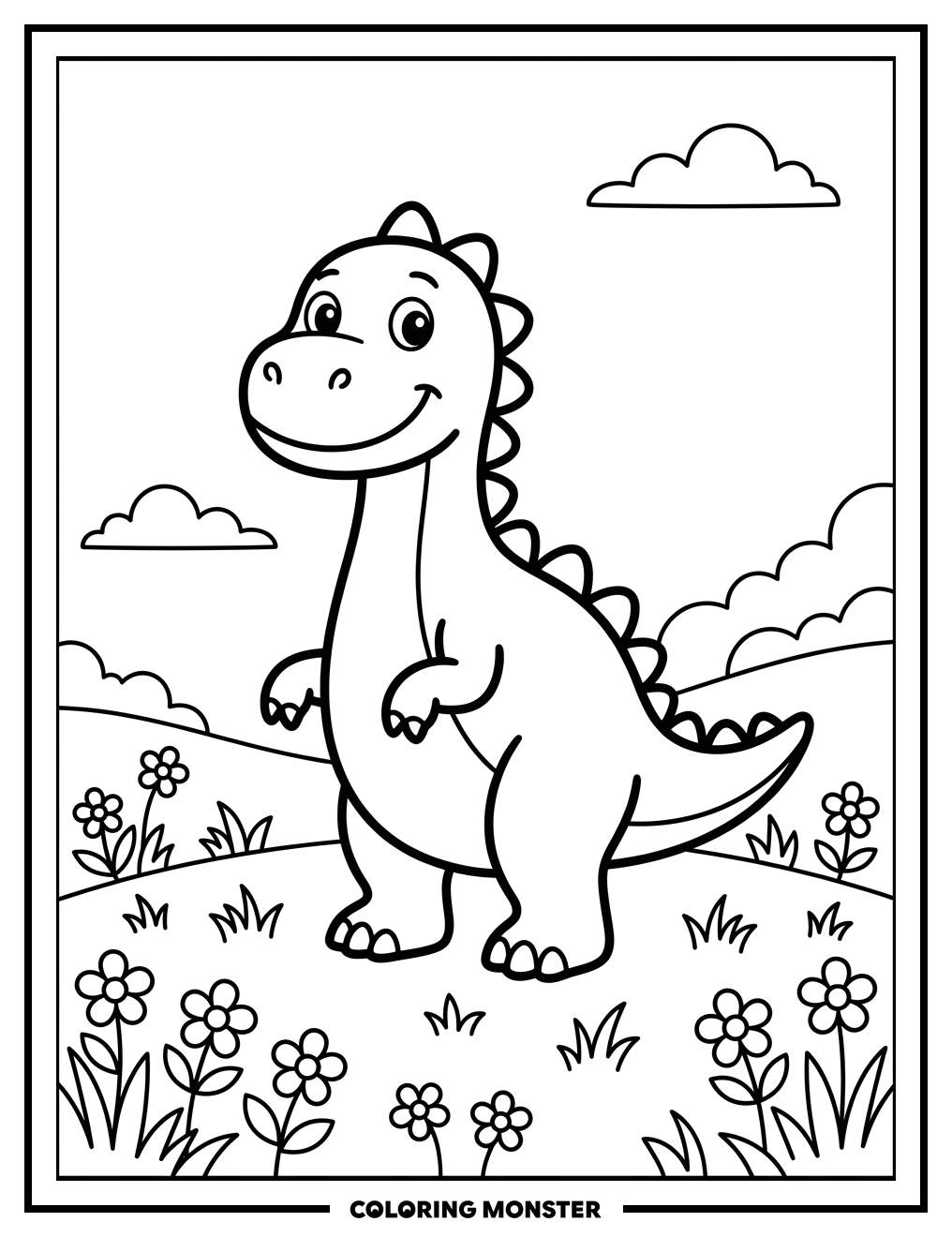 Friendly Dinosaur in a Grassy Field Coloring Page