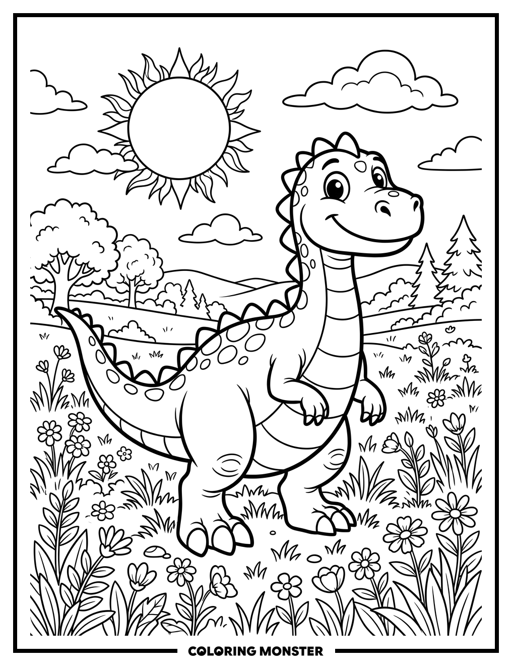 Friendly Dinosaur in Sunny Field Coloring Page