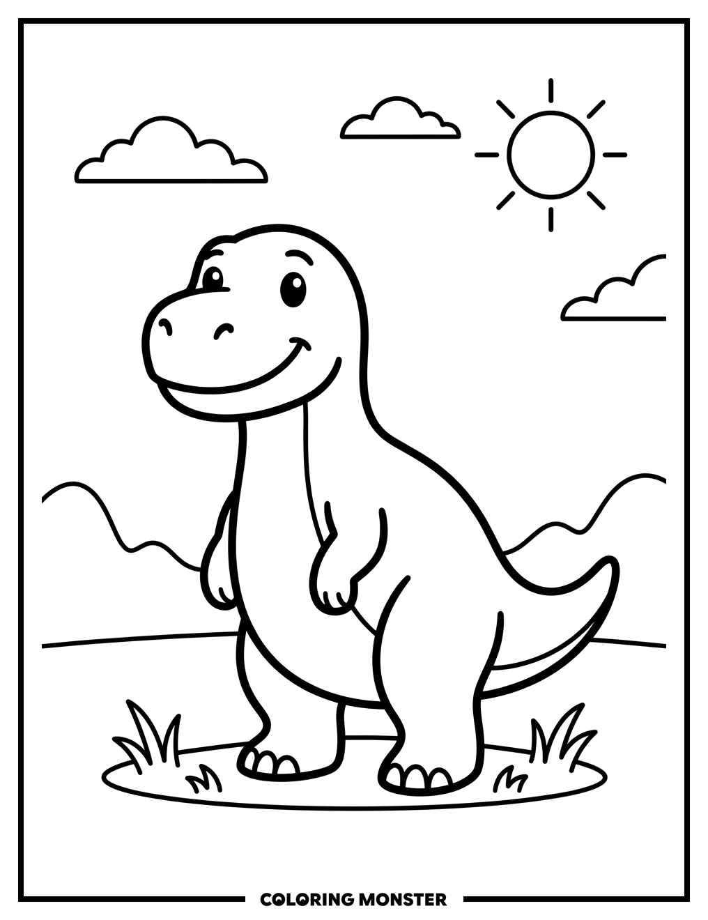 Friendly Dinosaur on Grassy Plain Coloring Page