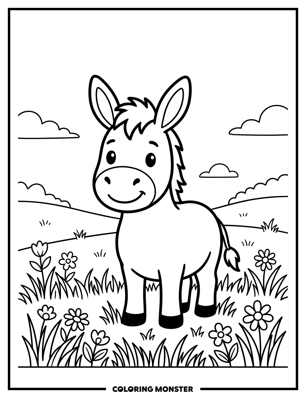 Friendly Donkey in a Field Coloring Page