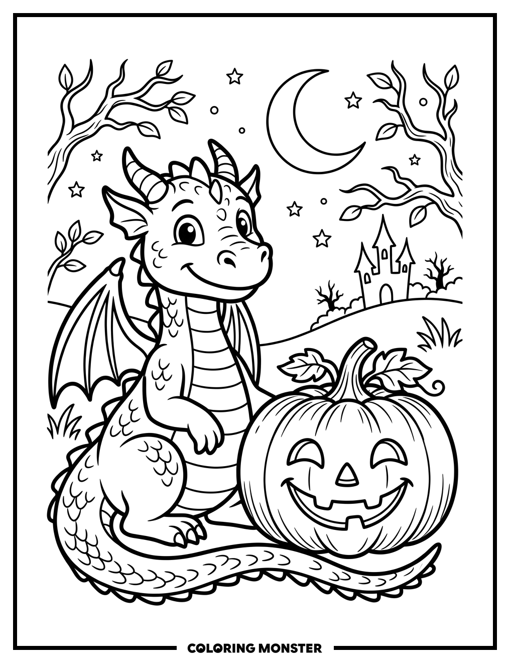 Friendly Dragon and Smiling Pumpkin Coloring Page