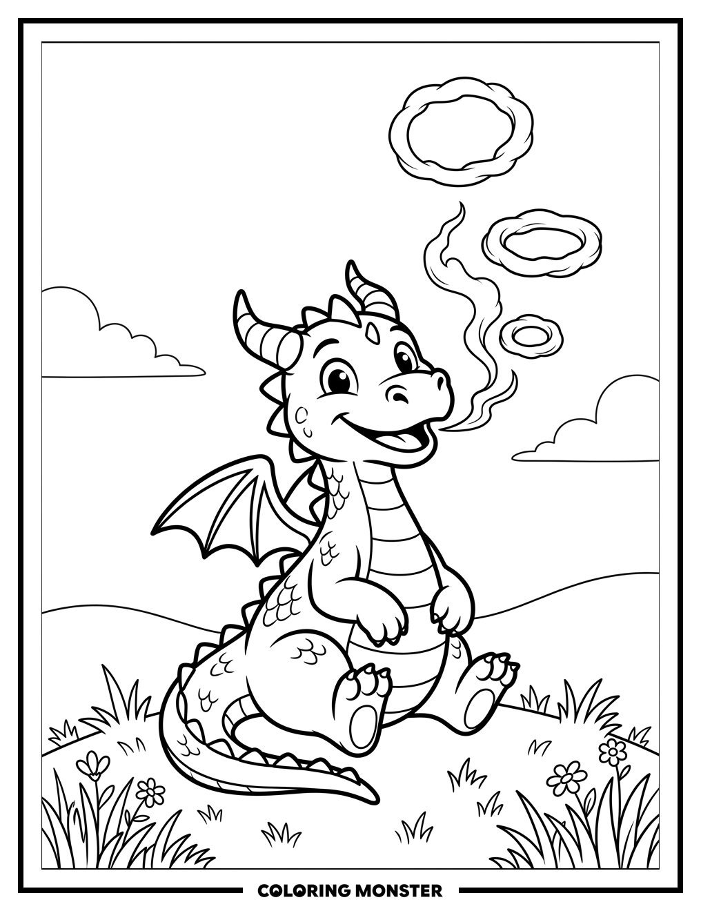 Friendly Dragon Blowing Smoke Rings Coloring Page