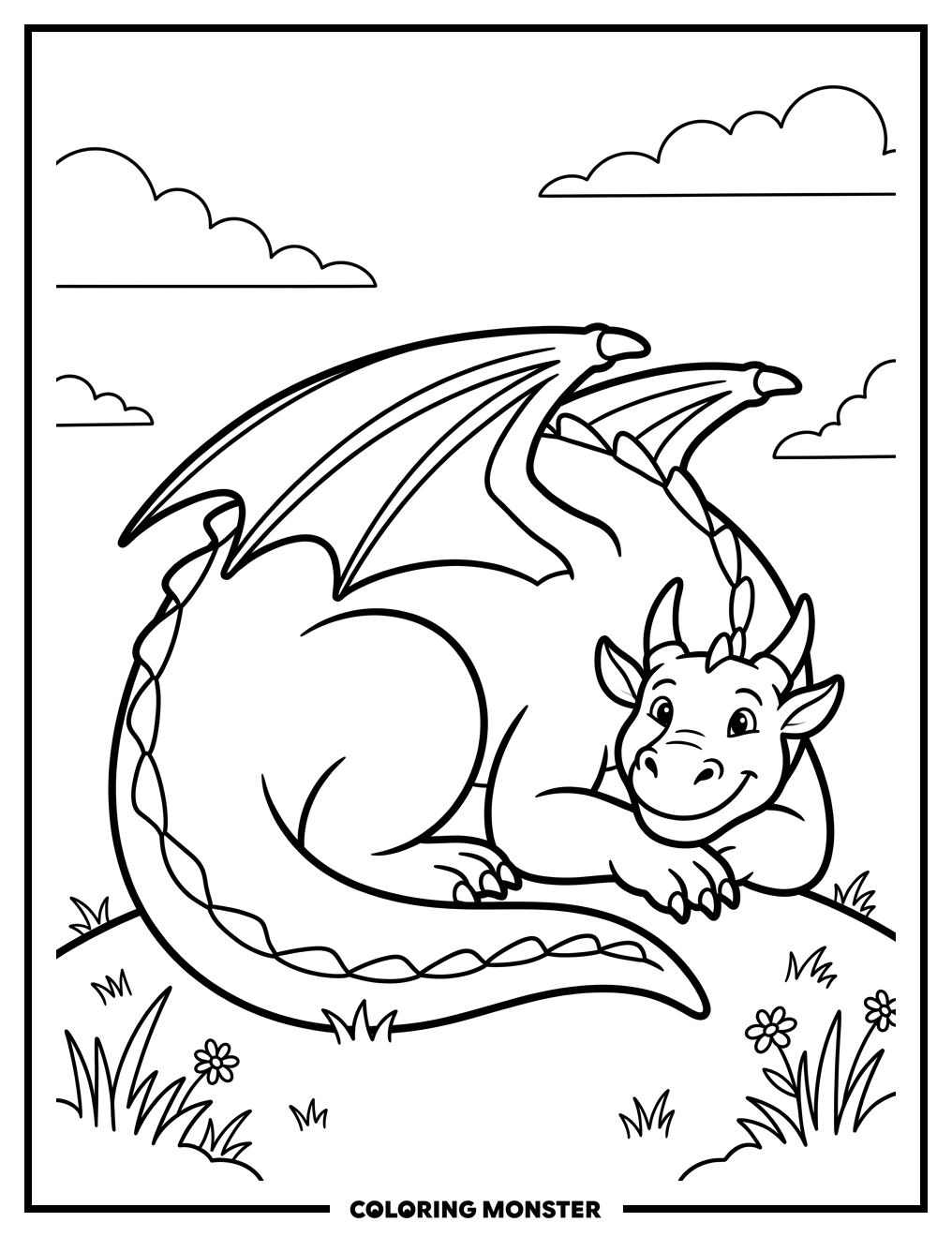 Friendly Dragon on a Grassy Hill Coloring Page