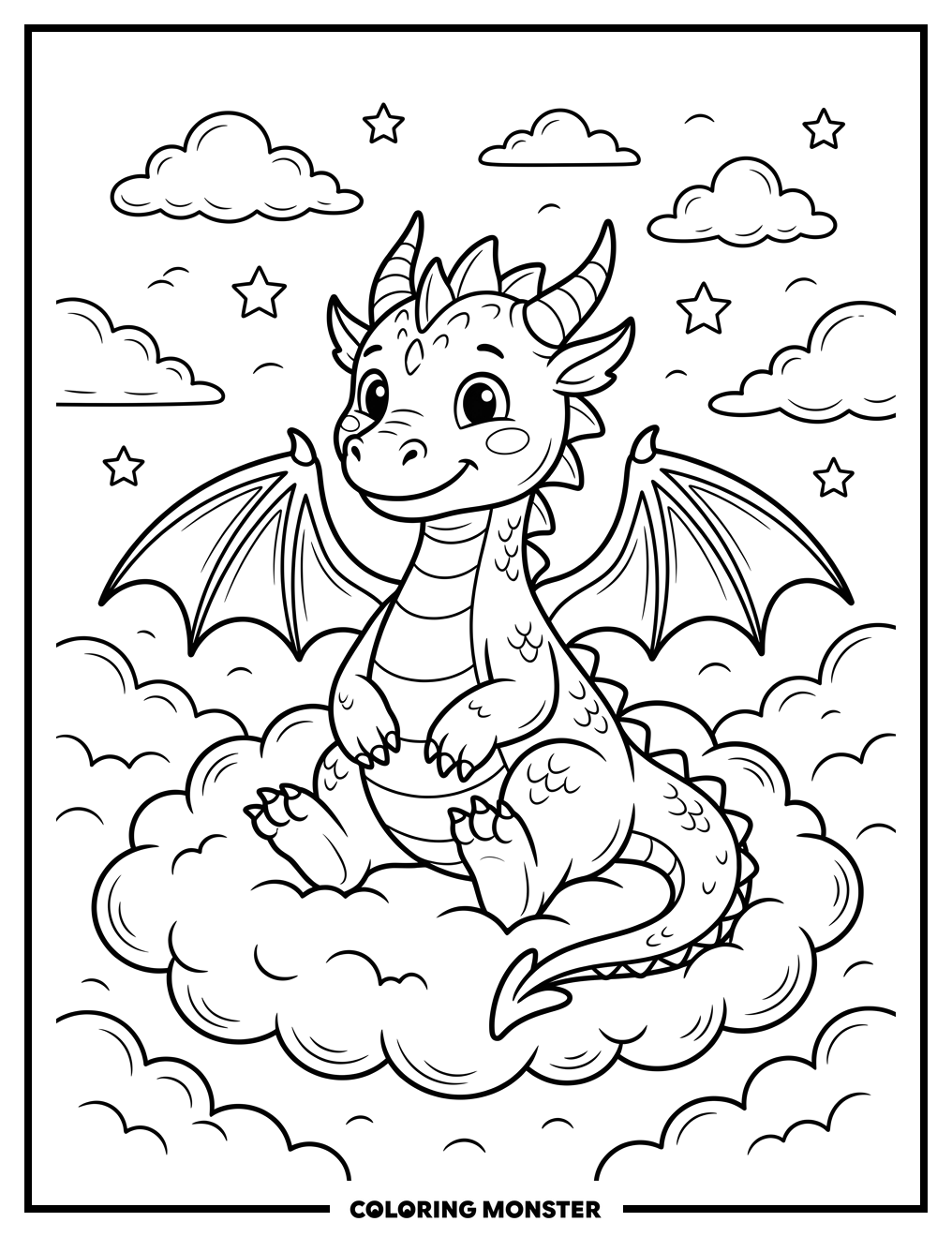 Friendly Dragon on Fluffy Clouds Coloring Page