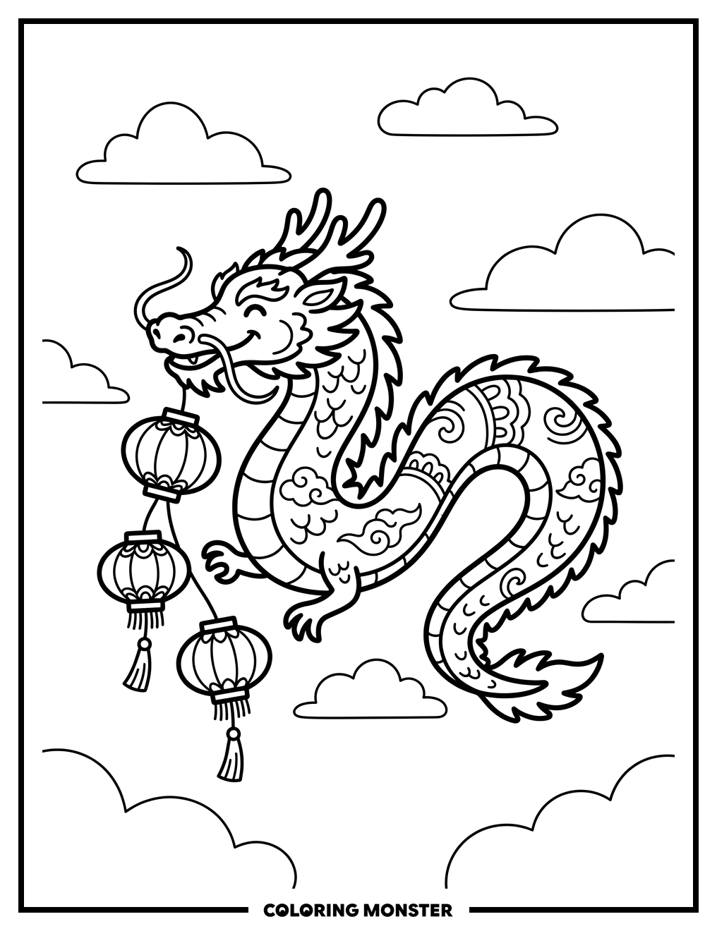 Friendly Dragon With Chinese Lanterns Coloring Page