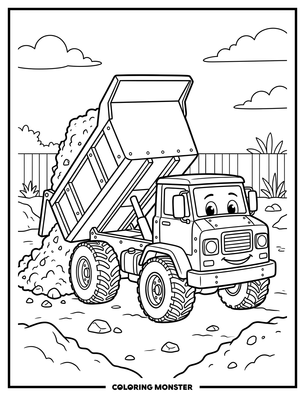 Friendly Dump Truck and Dirt Pile Coloring Page