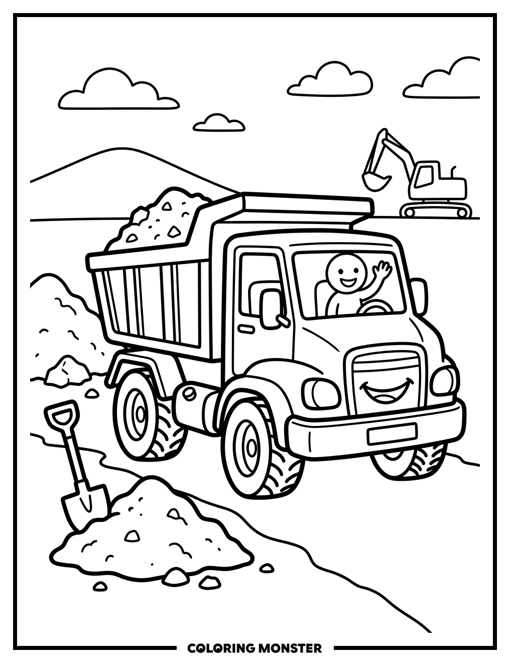 Friendly Dump Truck at Work Coloring Page