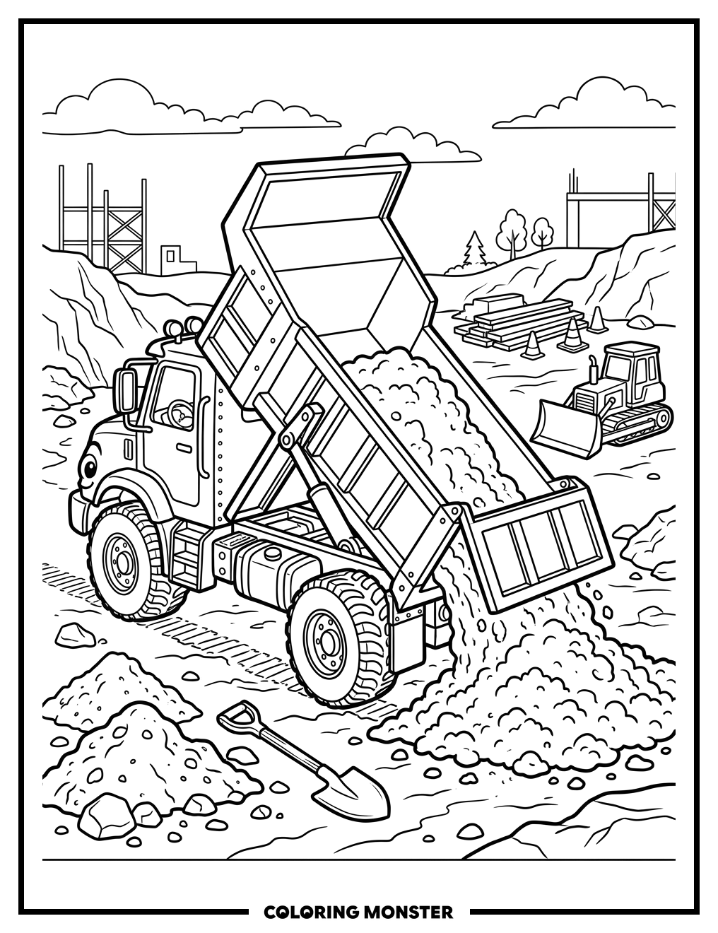 Friendly Dump Truck Spilling Dirt Coloring Page