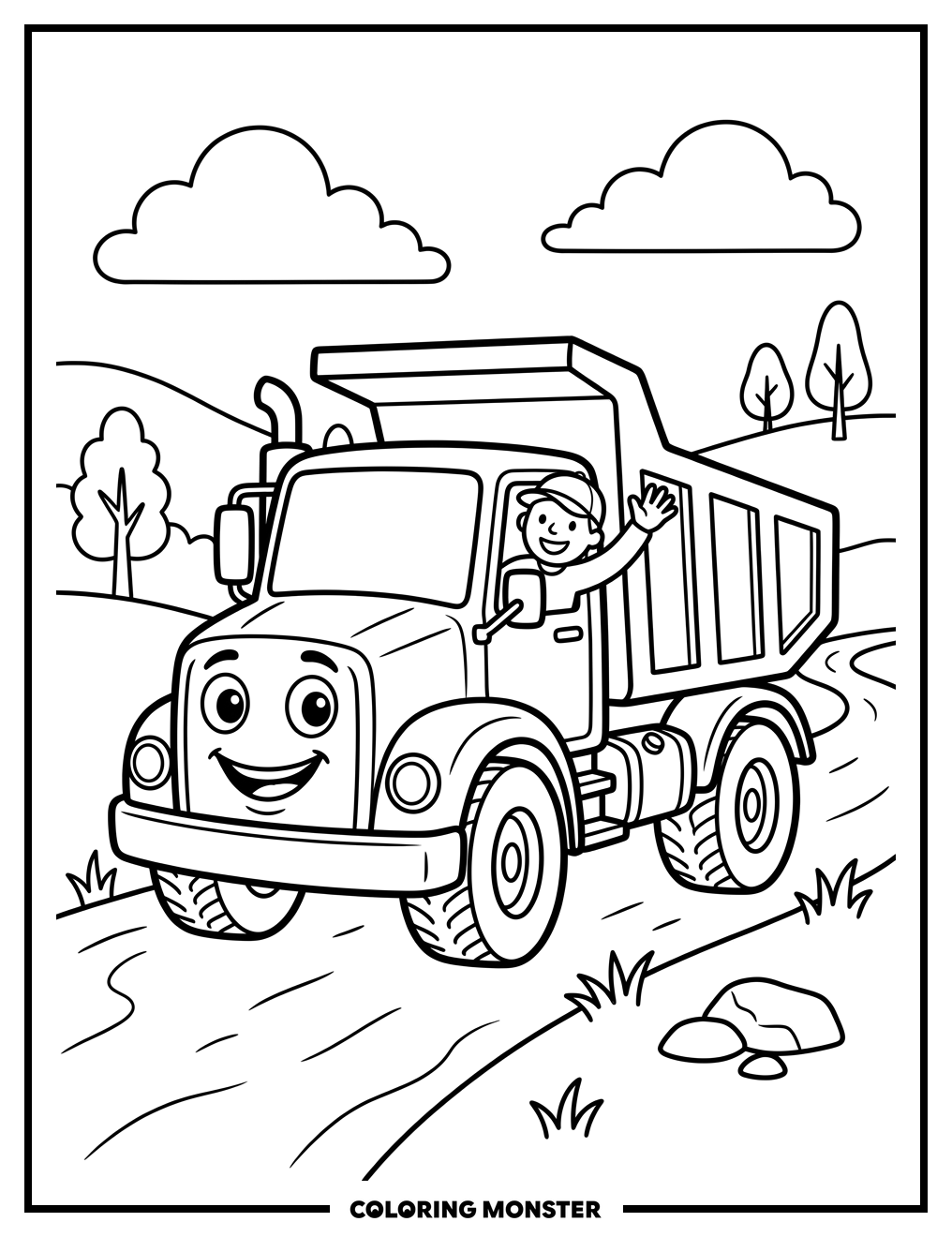 Friendly Dump Truck Waving Hello Coloring Page