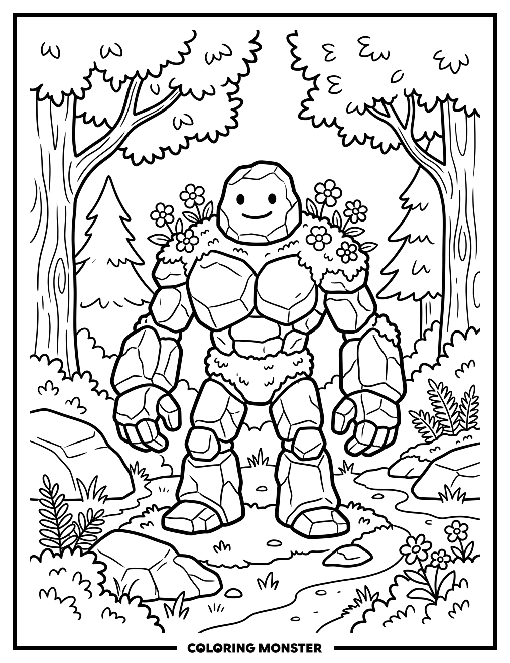 Friendly Earth Elemental in Forest Coloring Page