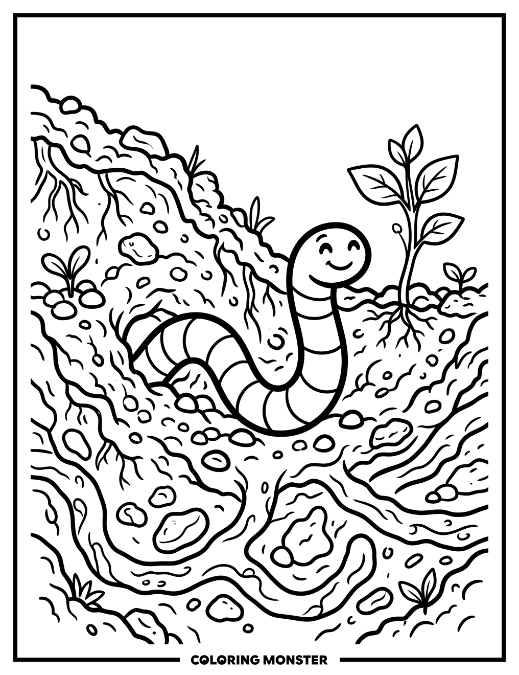 Friendly Earthworm in Soil Coloring Page