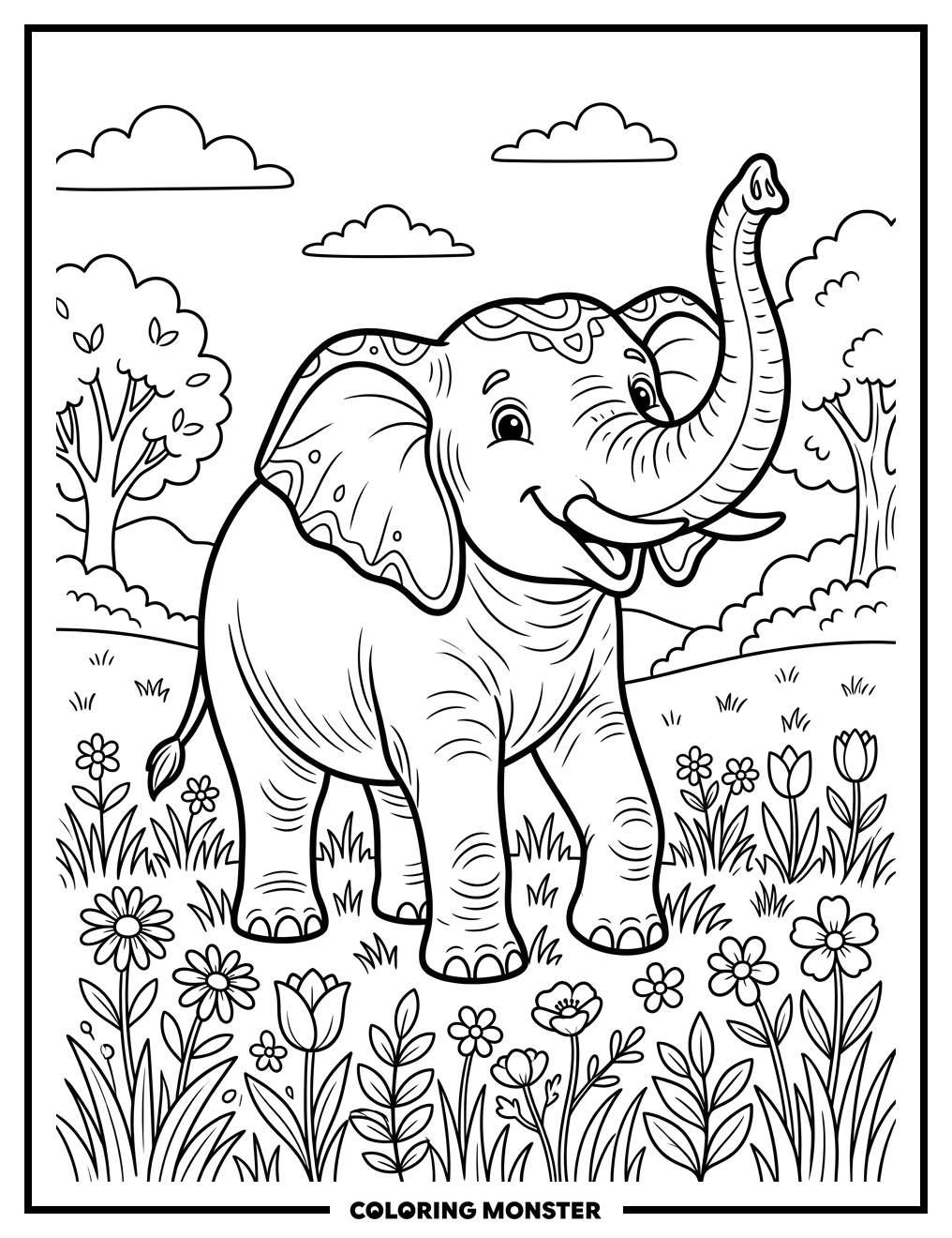 Friendly Elephant in a Field Coloring Page