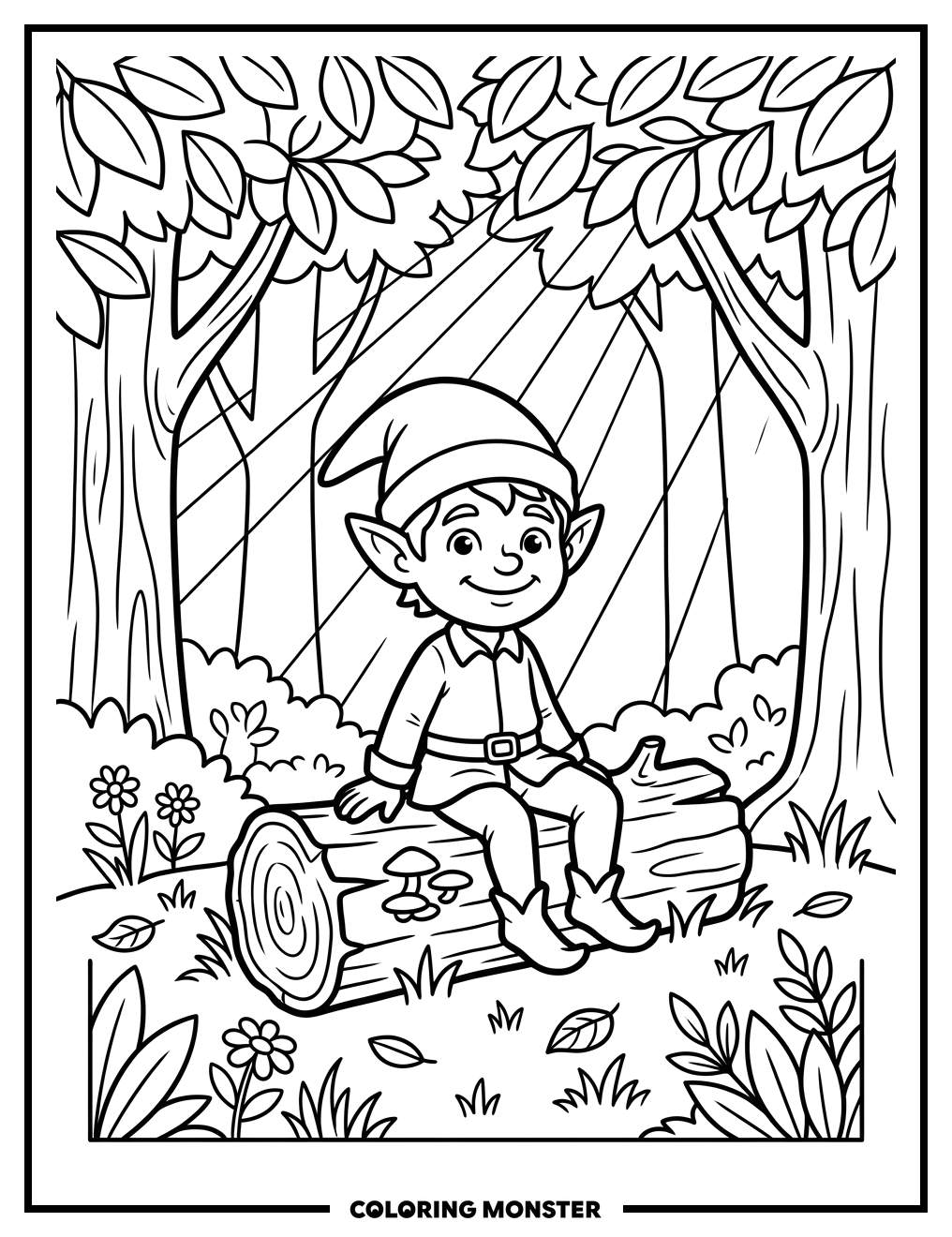 Friendly Elf on Forest Log Coloring Page