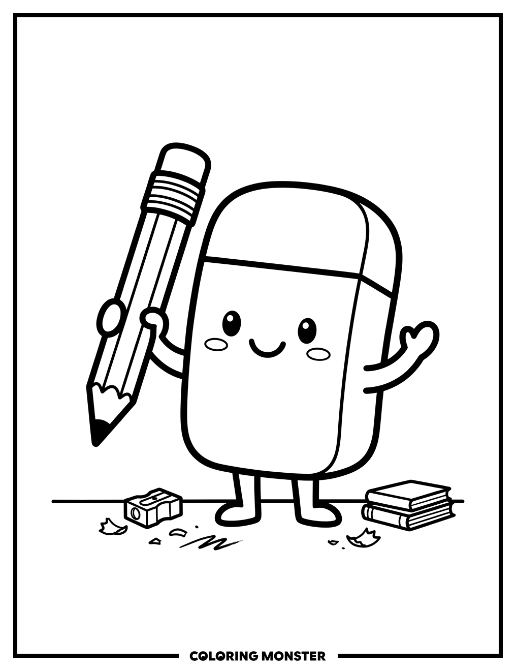 Friendly Eraser Character With Pencil Coloring Page