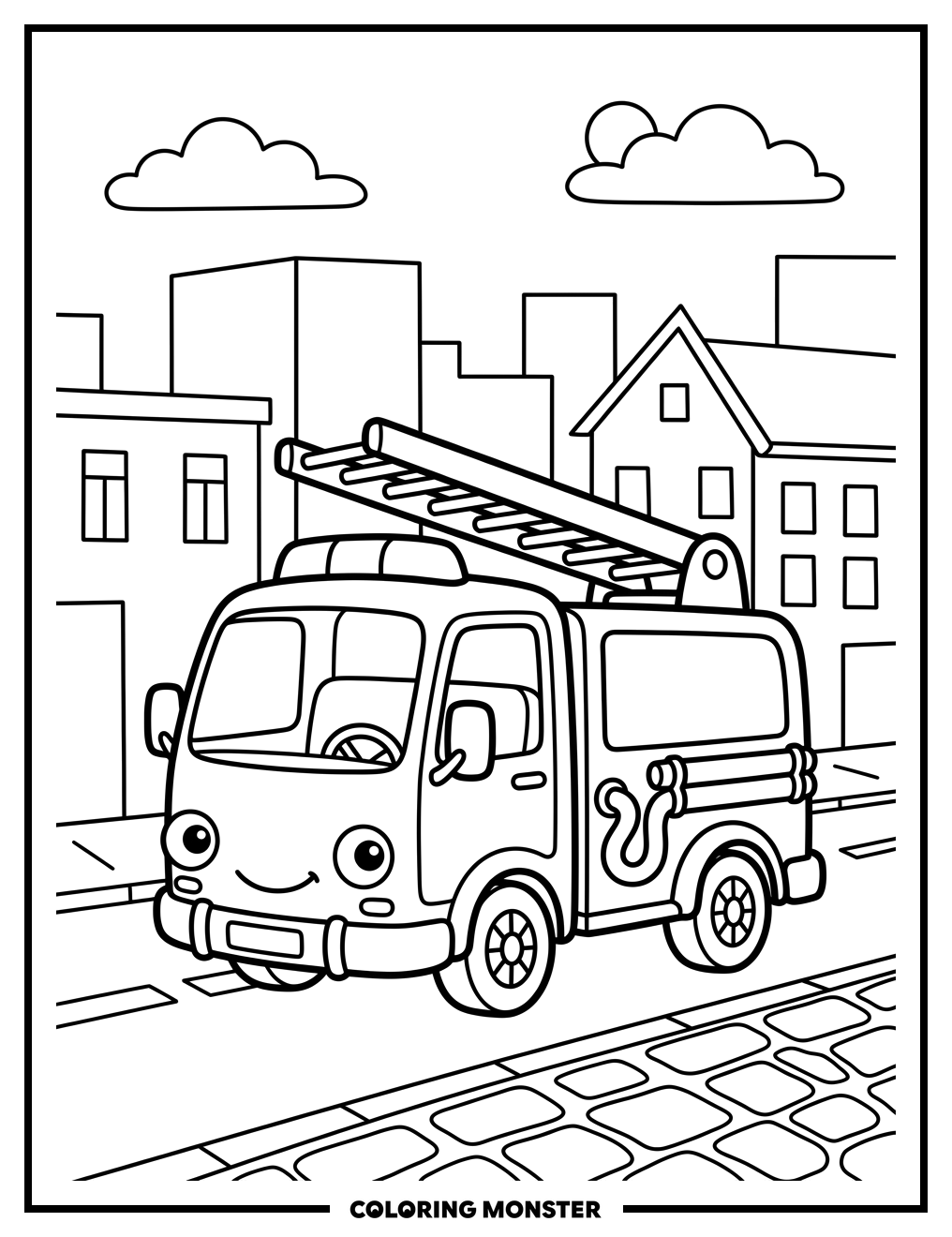 Friendly Fire Truck on City Street Coloring Page