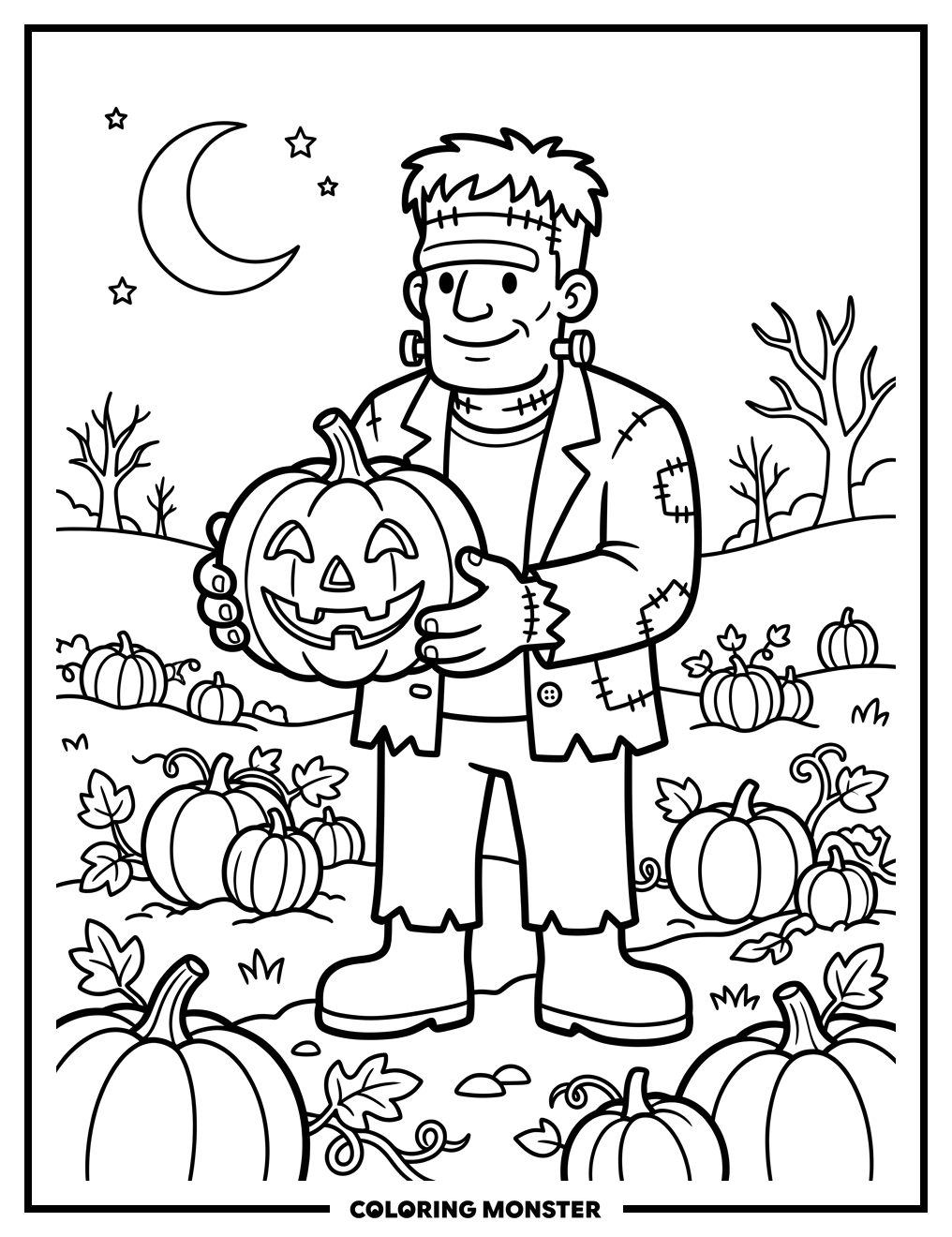 Friendly Frankenstein With Pumpkin Coloring Page