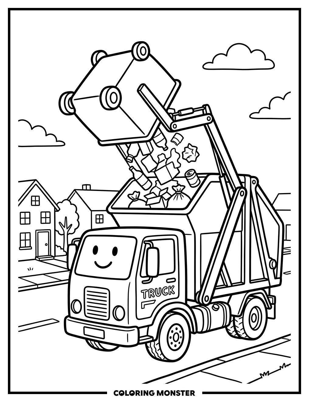 Friendly Garbage Truck Dumping Refuse Coloring Page