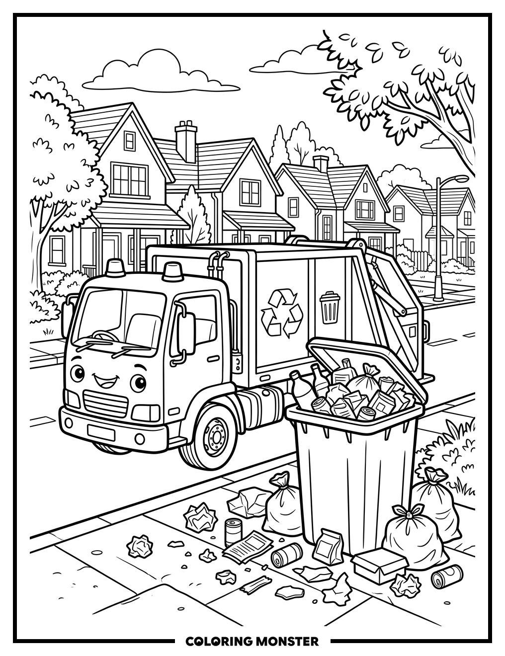Friendly Garbage Truck on Street Coloring Page