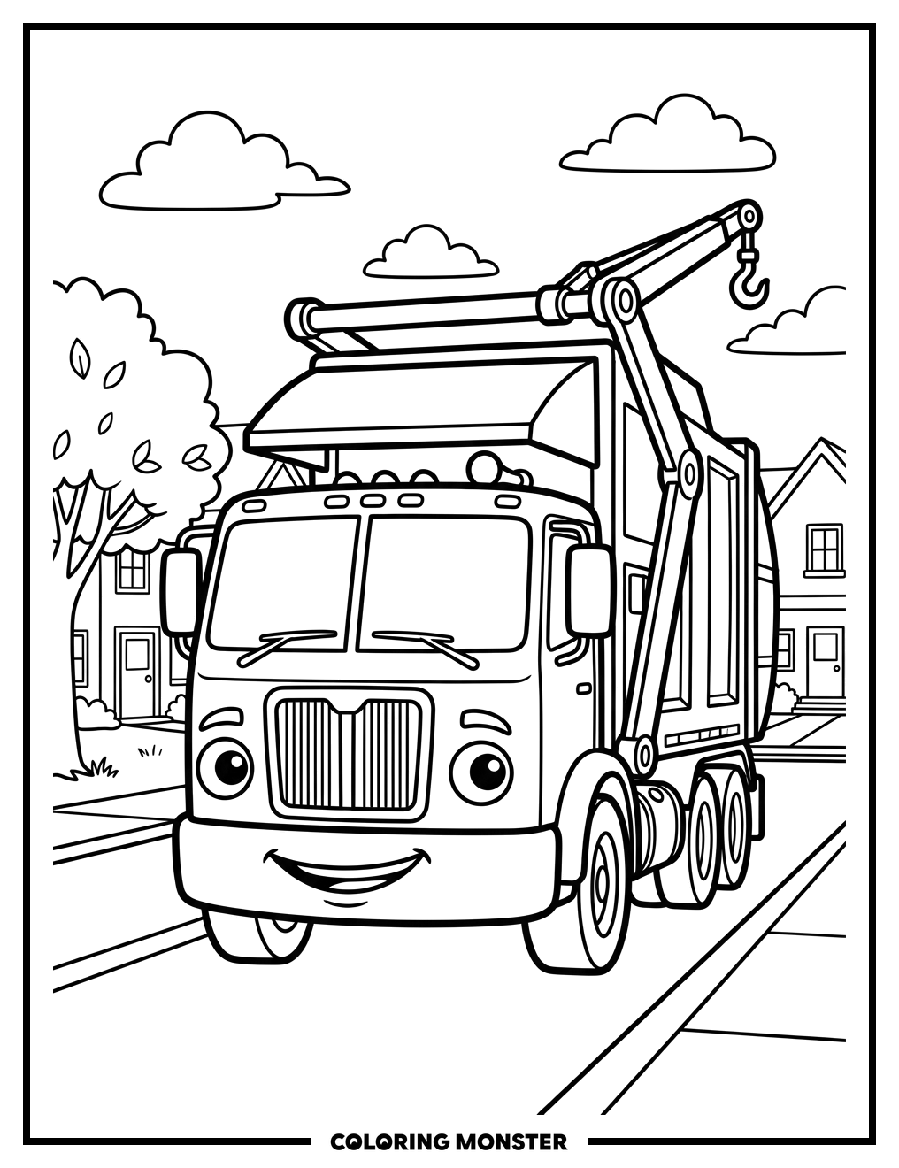 Friendly Garbage Truck on Street Coloring Page