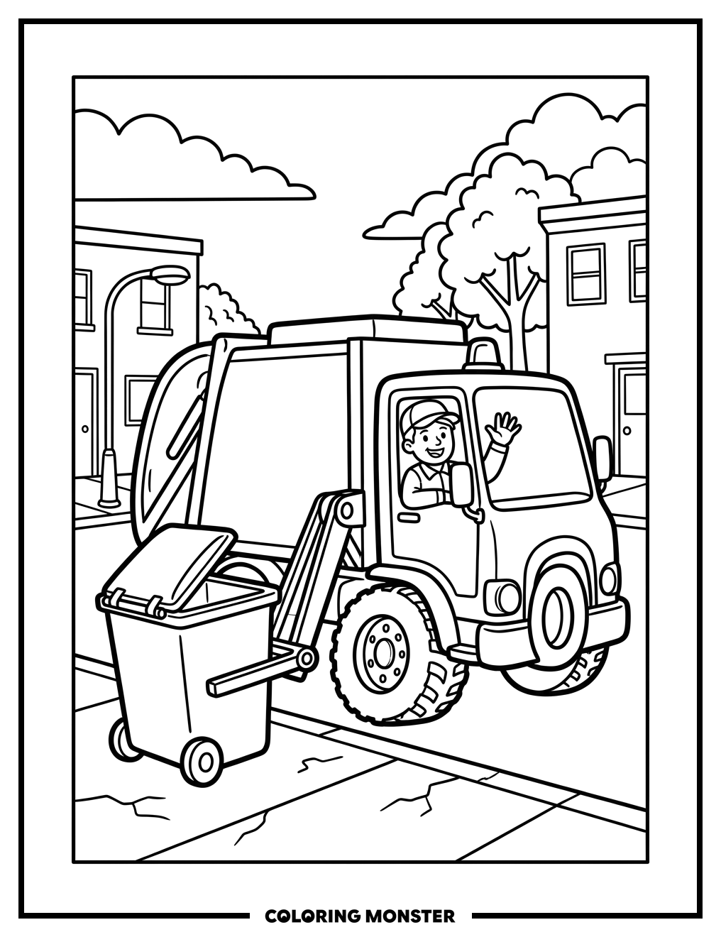 Friendly Garbage Truck on Street Coloring Page