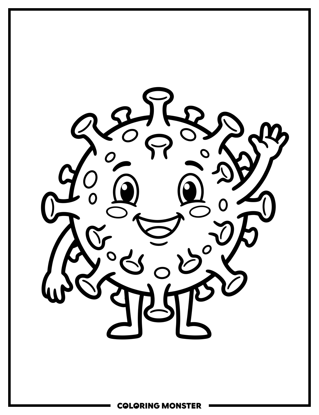 Friendly Germ Character Waving Hello Coloring Page