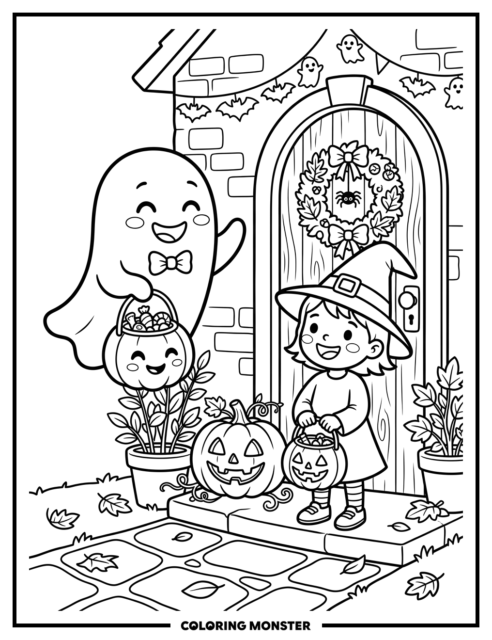 Friendly Ghost and Child Trick-or-Treating Coloring Page