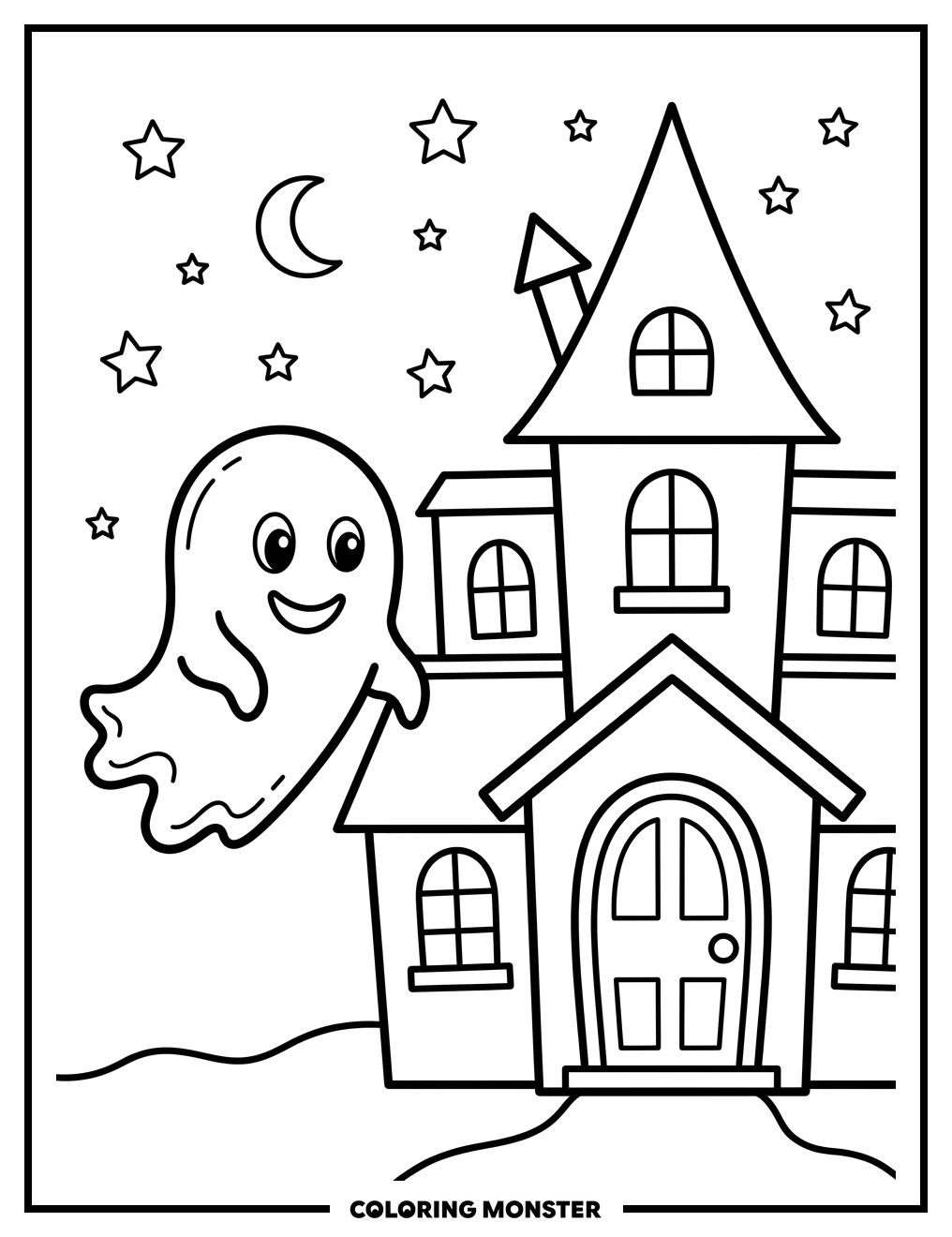 Friendly Ghost and Haunted House Coloring Page