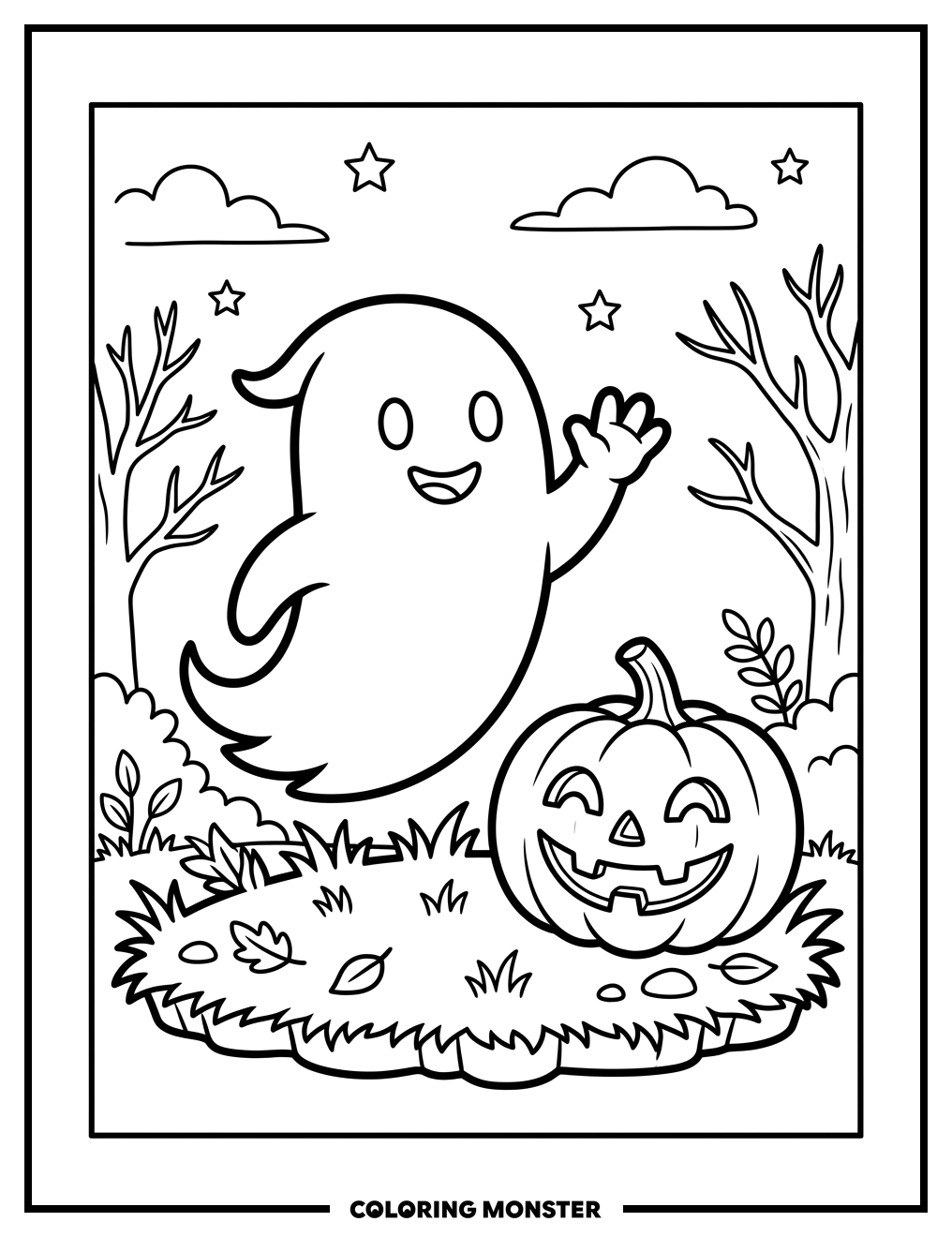 Friendly Ghost and Jack-o'-Lantern Coloring Page