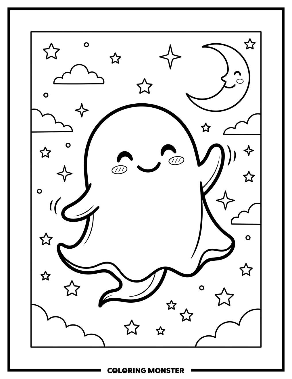 Friendly Ghost Floating Among Stars Coloring Page
